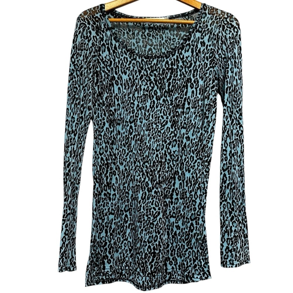 Cut Loose Blue Black Leopard Print Mesh Sheer Long Sleeve Scoop Neck Size Large